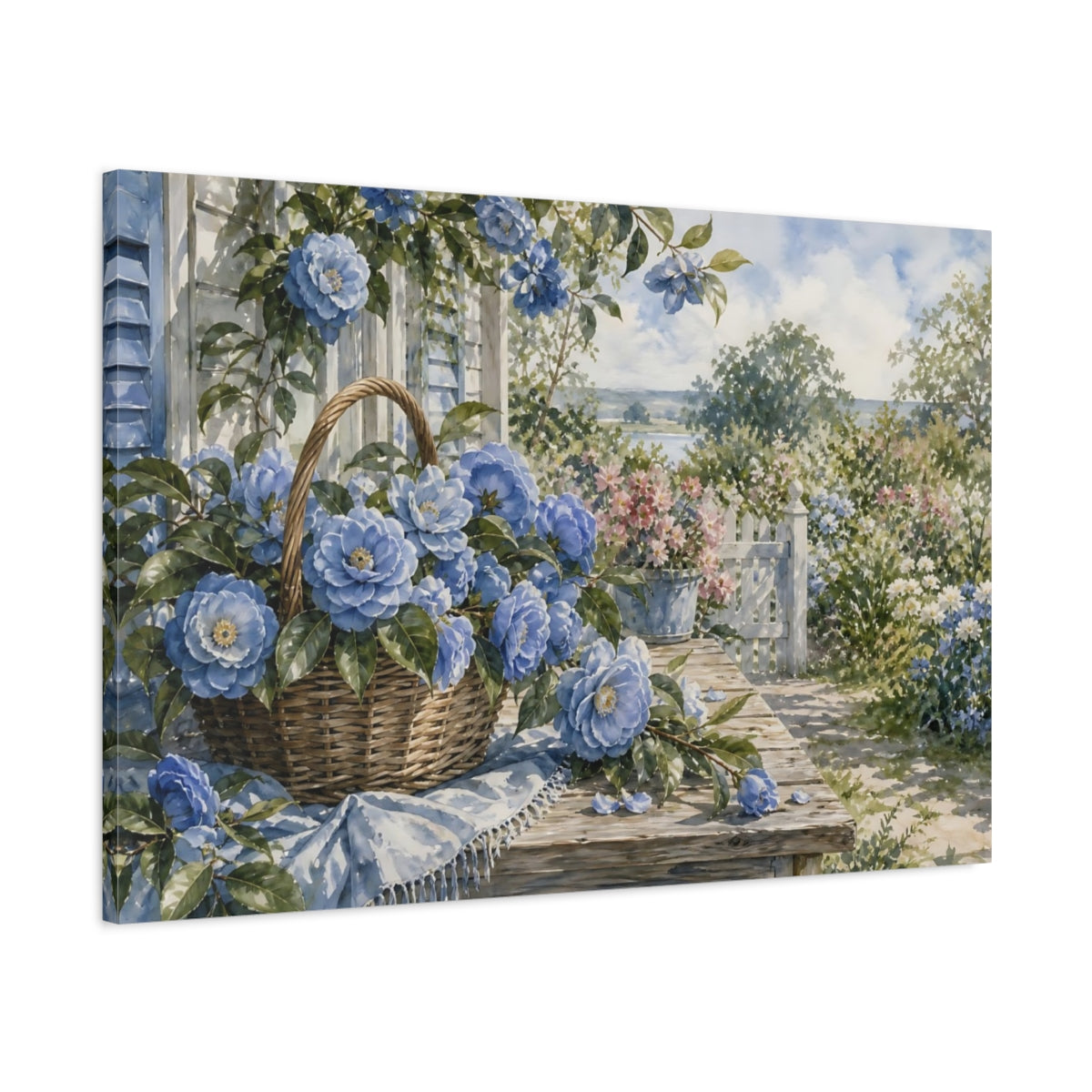 Main Mockup. Floral Blue Camellias Blue Flowers Garden shown as stretched canvas wall art