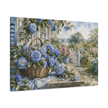 Main Mockup. Floral Blue Camellias Blue Flowers Garden shown as stretched canvas wall art