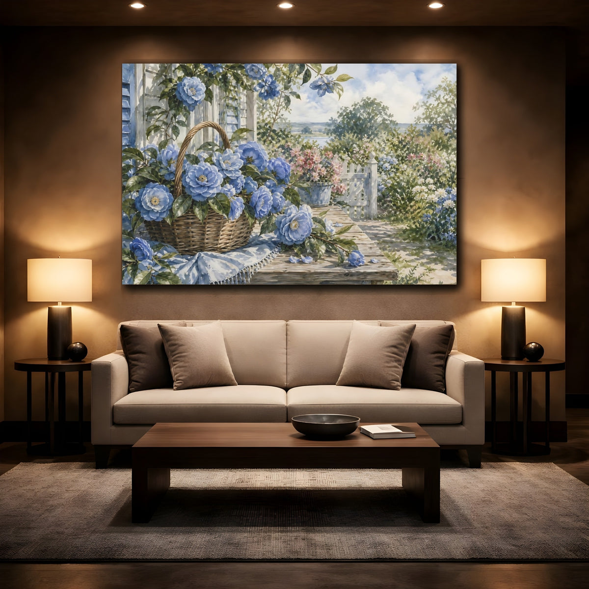 Mockup 2. Floral Blue Camellias Blue Flowers Garden shown as stretched canvas wall art
