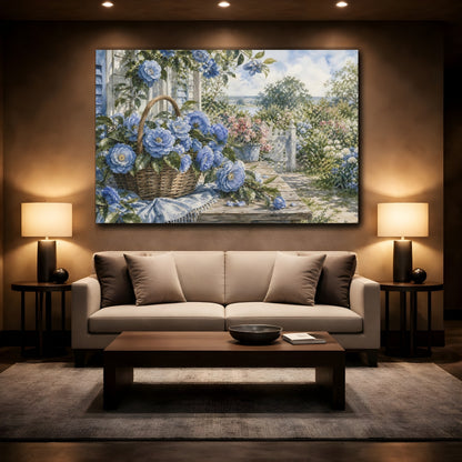 Mockup 2. Floral Blue Camellias Blue Flowers Garden shown as stretched canvas wall art
