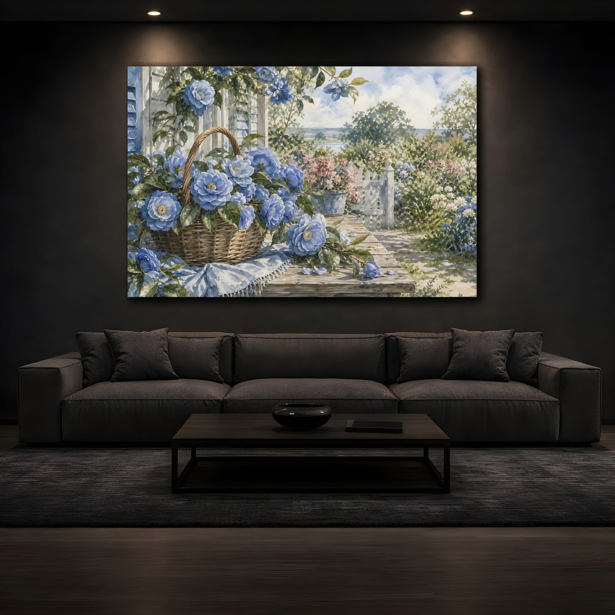 Mockup 3. Floral Blue Camellias Blue Flowers Garden shown as stretched canvas wall art