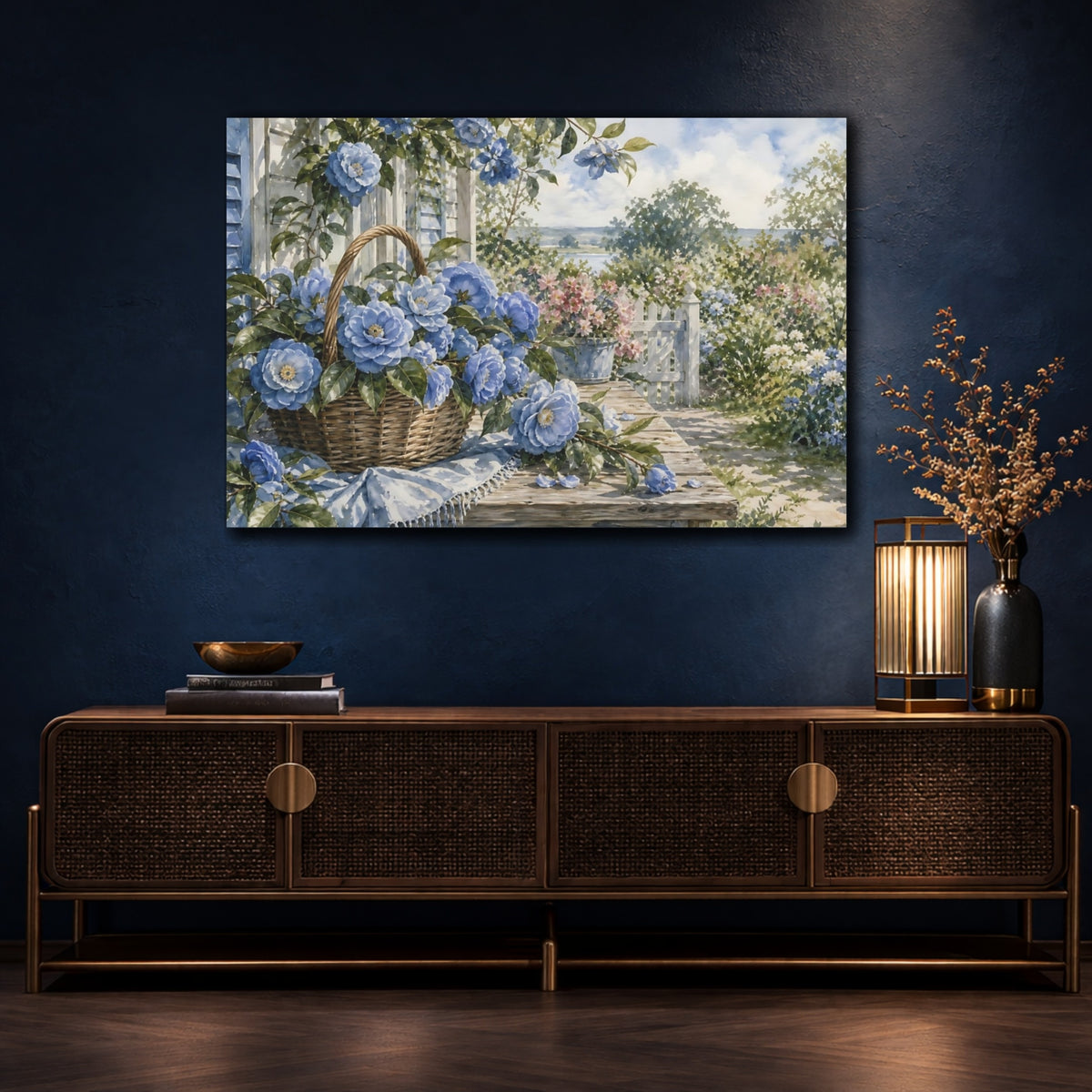 Mockup 4. Floral Blue Camellias Blue Flowers Garden shown as stretched canvas wall art