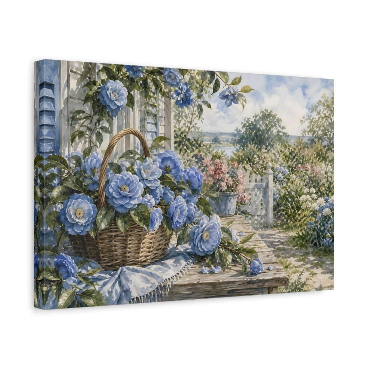 Side Mockup 4. Floral Blue Camellias Blue Flowers Garden shown as stretched canvas wall art
