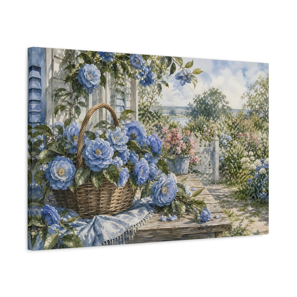 Side Mockup 2. Floral Blue Camellias Blue Flowers Garden shown as stretched canvas wall art