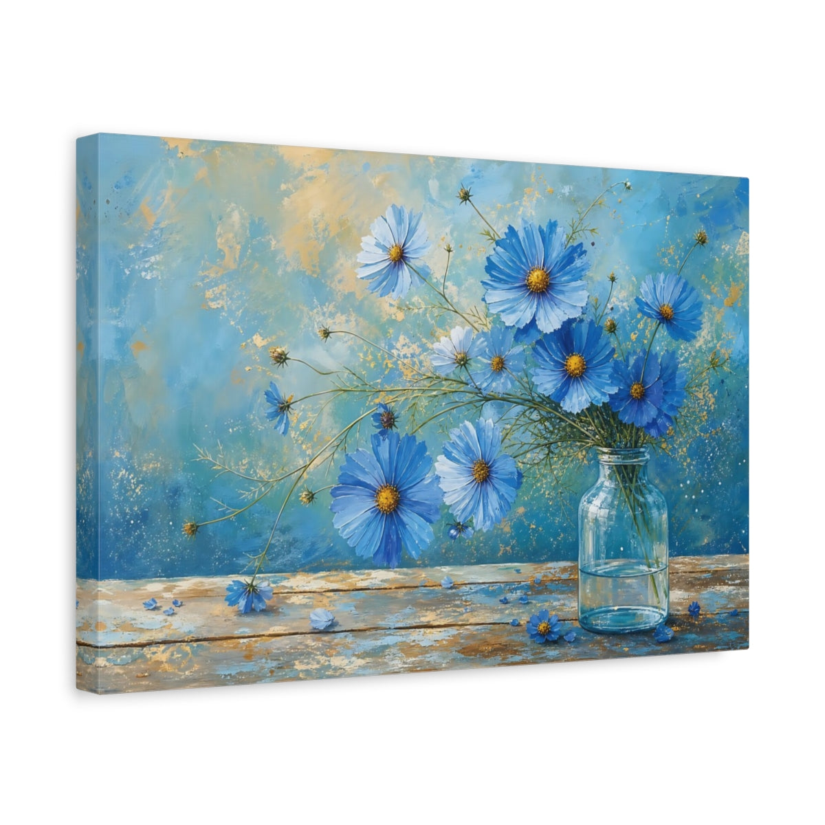Side Mockup 4. Floral Blue Cosmos Blue And Gold shown as stretched canvas wall art