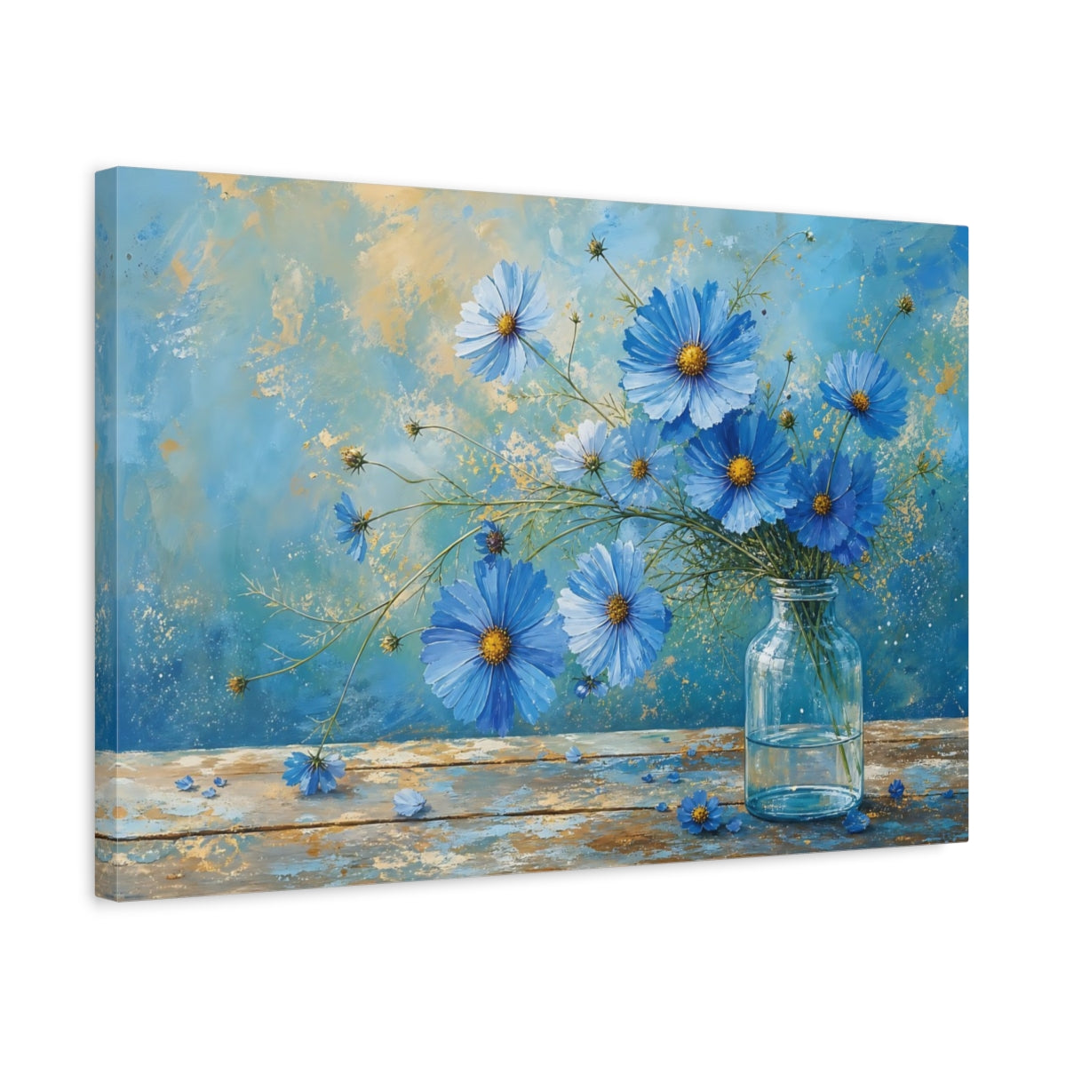 Side Mockup 3. Floral Blue Cosmos Blue And Gold shown as stretched canvas wall art