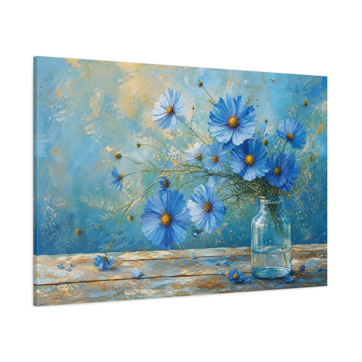 Side Mockup 1. Floral Blue Cosmos Blue And Gold shown as stretched canvas wall art