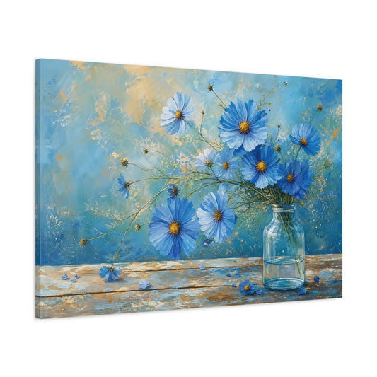 Main Mockup. Floral Blue Cosmos Blue And Gold shown as stretched canvas wall art