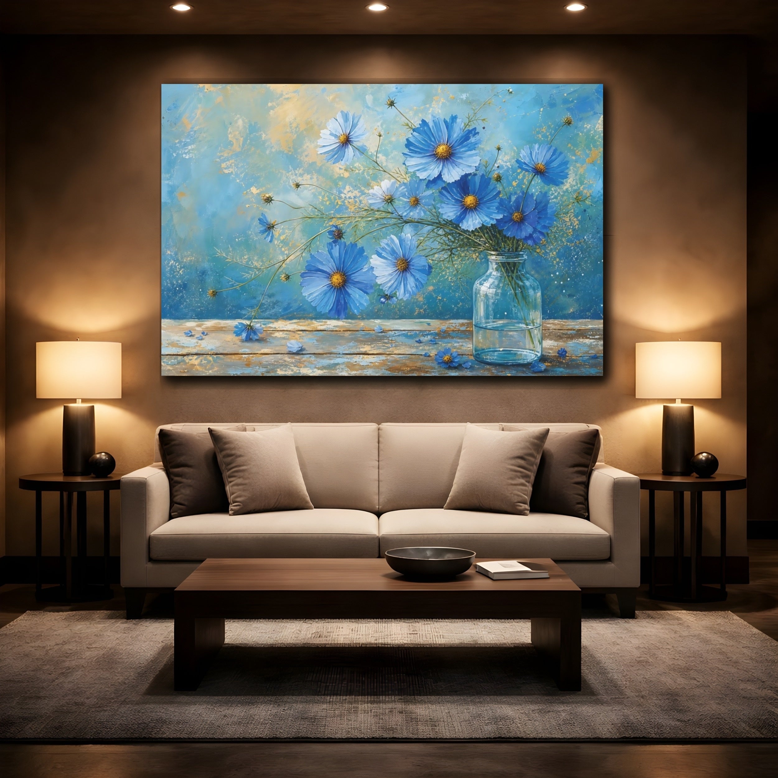 Mockup 2. Floral Blue Cosmos Blue And Gold shown as stretched canvas wall art
