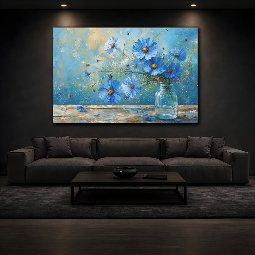 Mockup 3. Floral Blue Cosmos Blue And Gold shown as stretched canvas wall art