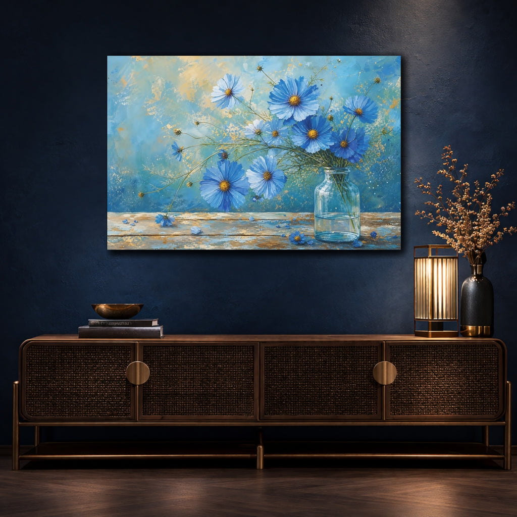 Mockup 4. Floral Blue Cosmos Blue And Gold shown as stretched canvas wall art