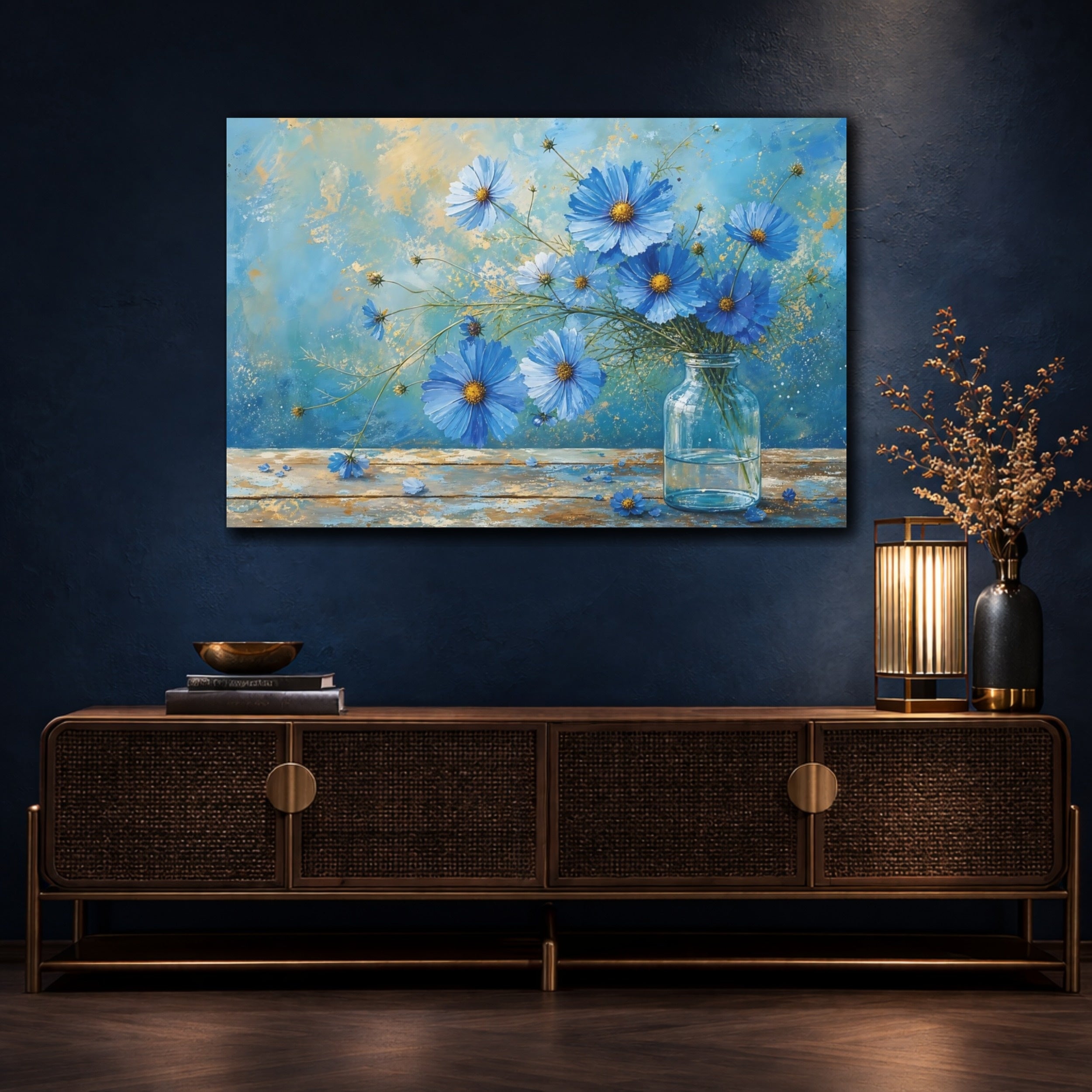 Mockup 4. Floral Blue Cosmos Blue And Gold shown as stretched canvas wall art