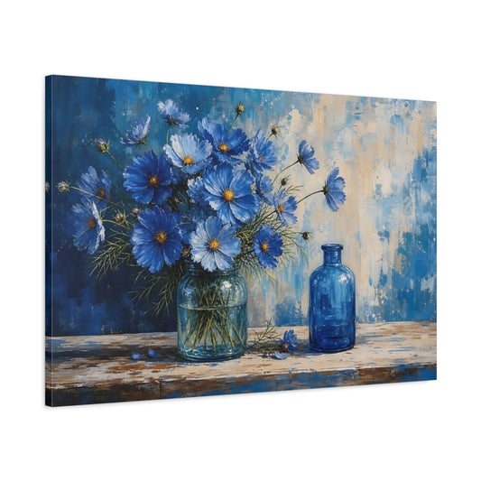 Main Mockup. Floral Blue Cosmos Blue Flowers shown as stretched canvas wall art