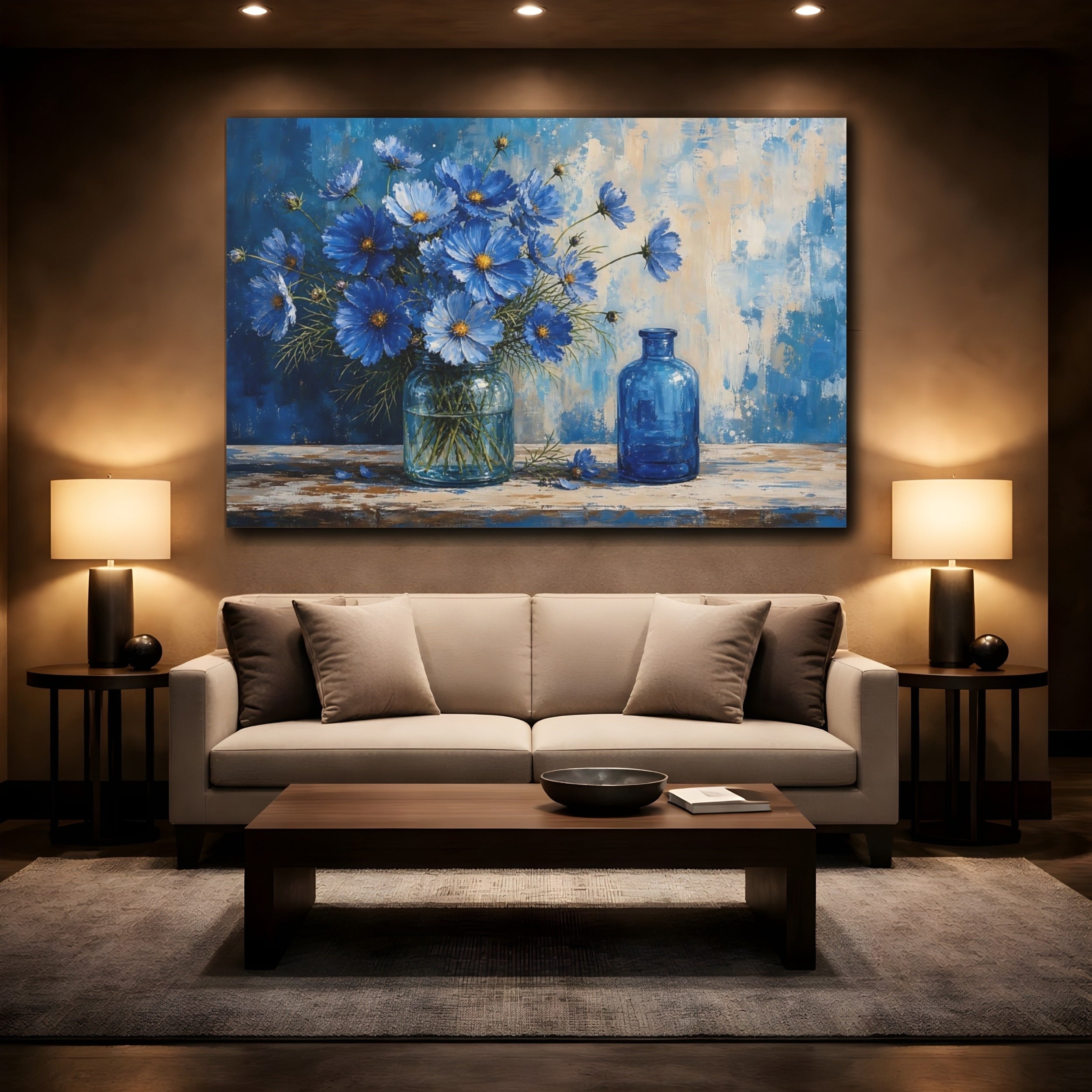 Mockup 2. Floral Blue Cosmos Blue Flowers shown as stretched canvas wall art