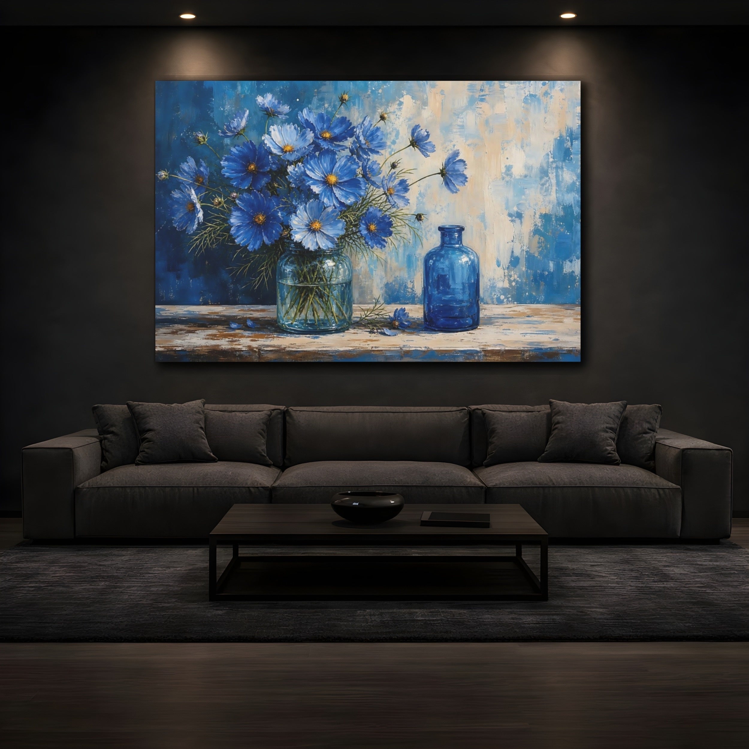 Mockup 3. Floral Blue Cosmos Blue Flowers shown as stretched canvas wall art