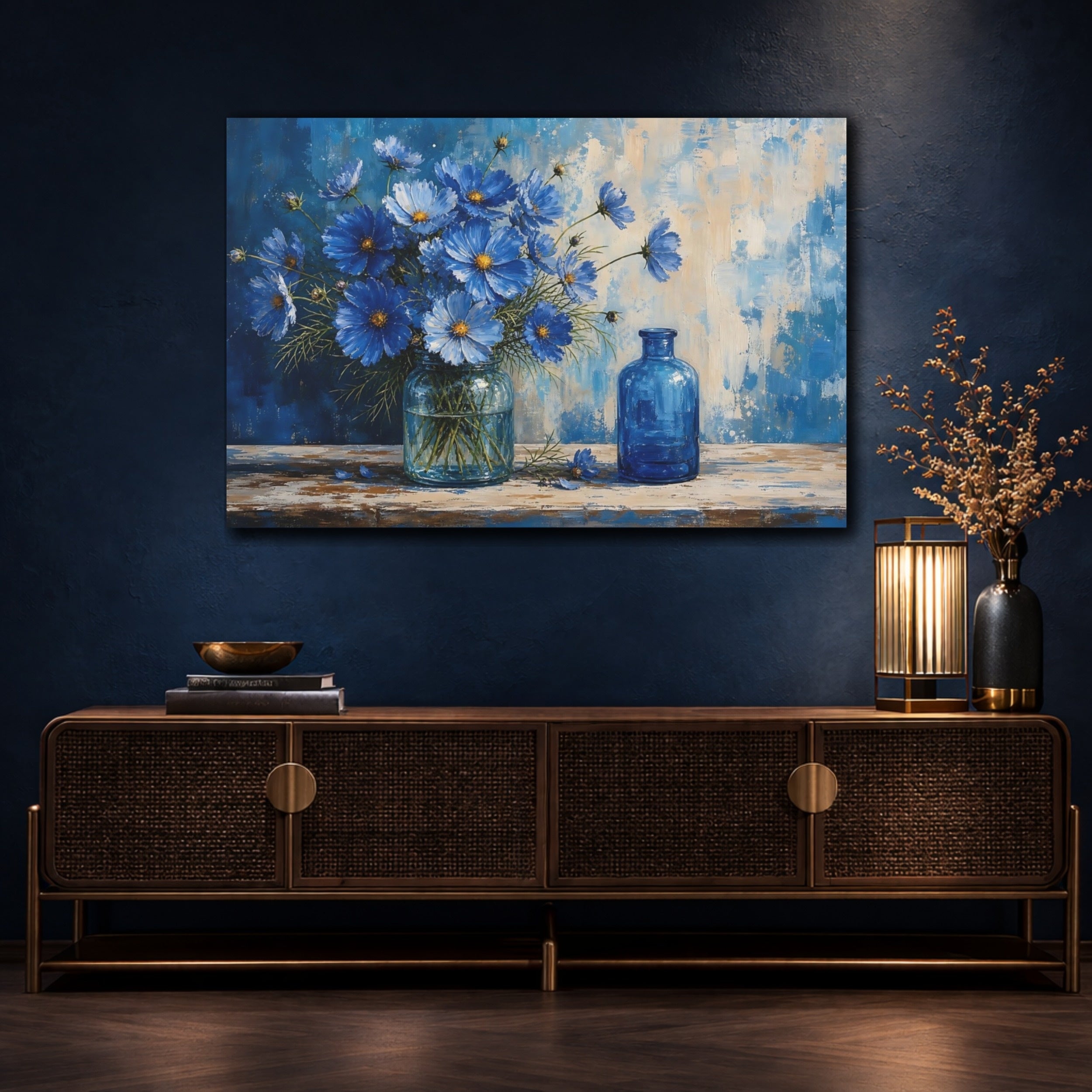 Mockup 4. Floral Blue Cosmos Blue Flowers shown as stretched canvas wall art