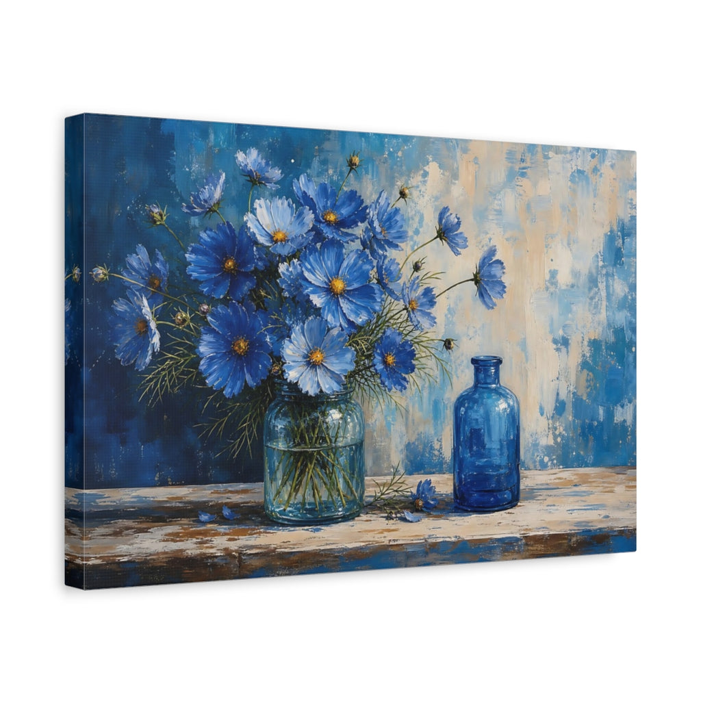 Side Mockup 4. Floral Blue Cosmos Blue Flowers shown as stretched canvas wall art