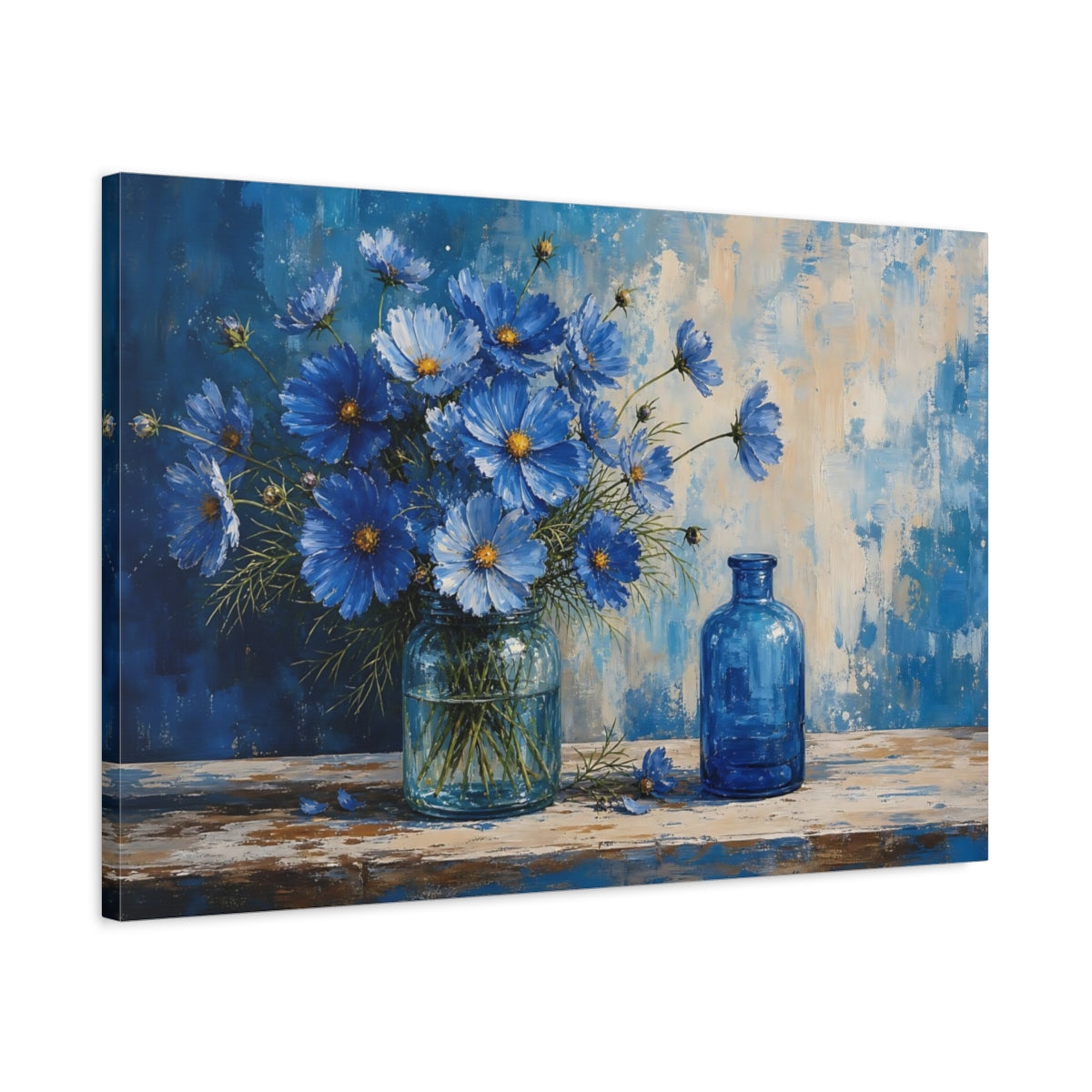 Side Mockup 2. Floral Blue Cosmos Blue Flowers shown as stretched canvas wall art