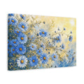 Side Mockup 4. Floral Blue Daisies Blue And Yellow Floral shown as stretched canvas wall art