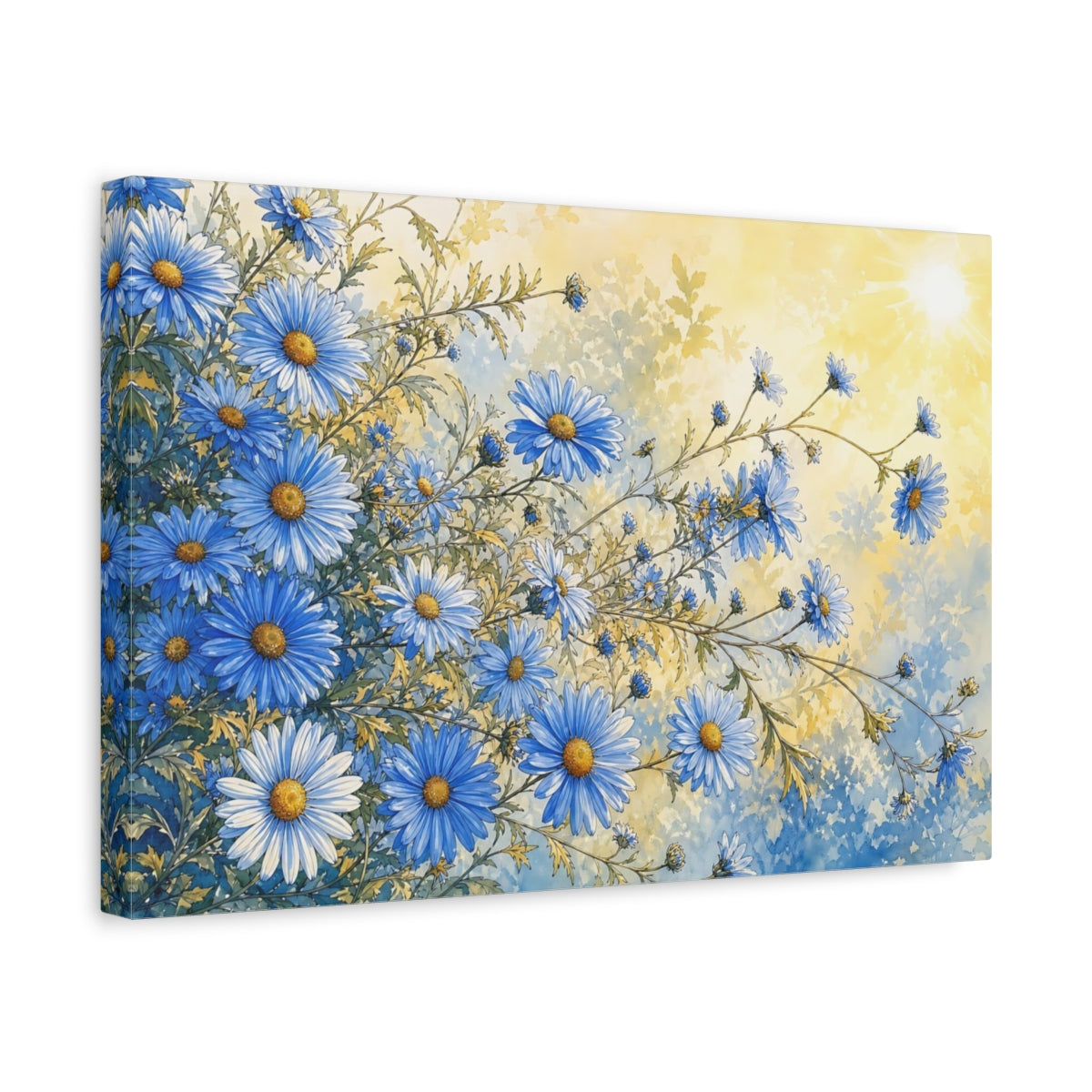 Side Mockup 4. Floral Blue Daisies Blue And Yellow Floral shown as stretched canvas wall art