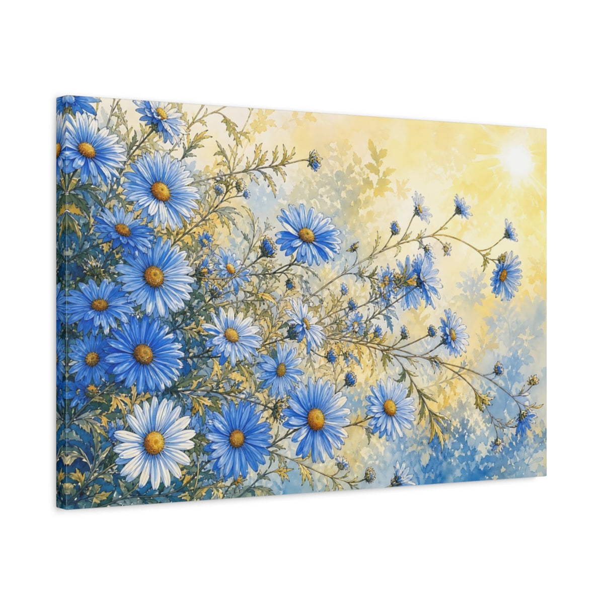 Side Mockup 2. Floral Blue Daisies Blue And Yellow Floral shown as stretched canvas wall art