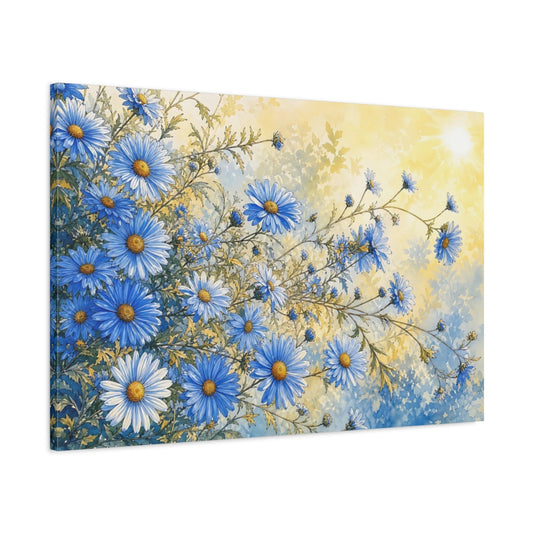Main Mockup. Floral Blue Daisies Blue And Yellow Floral shown as stretched canvas wall art