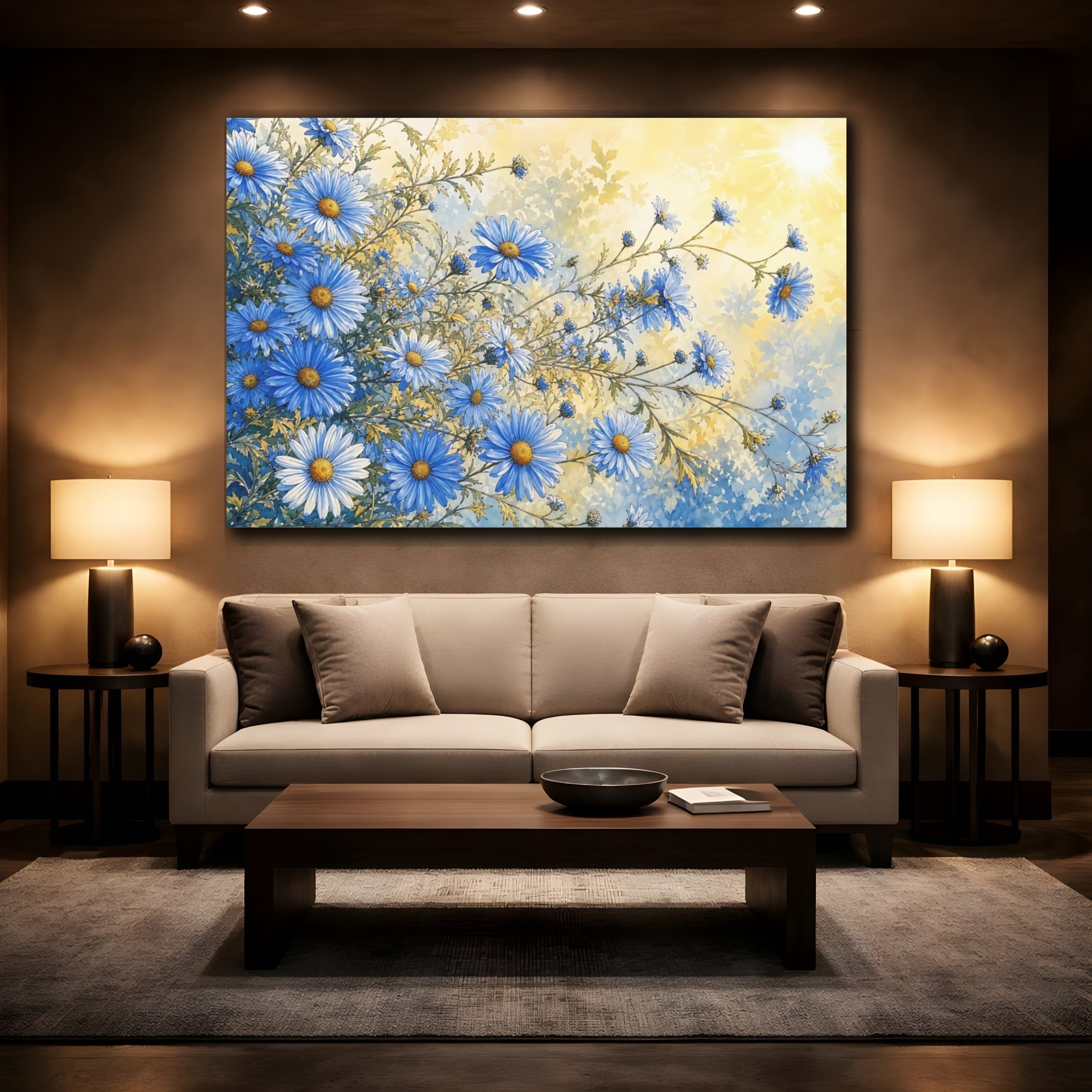 Mockup 2. Floral Blue Daisies Blue And Yellow Floral shown as stretched canvas wall art
