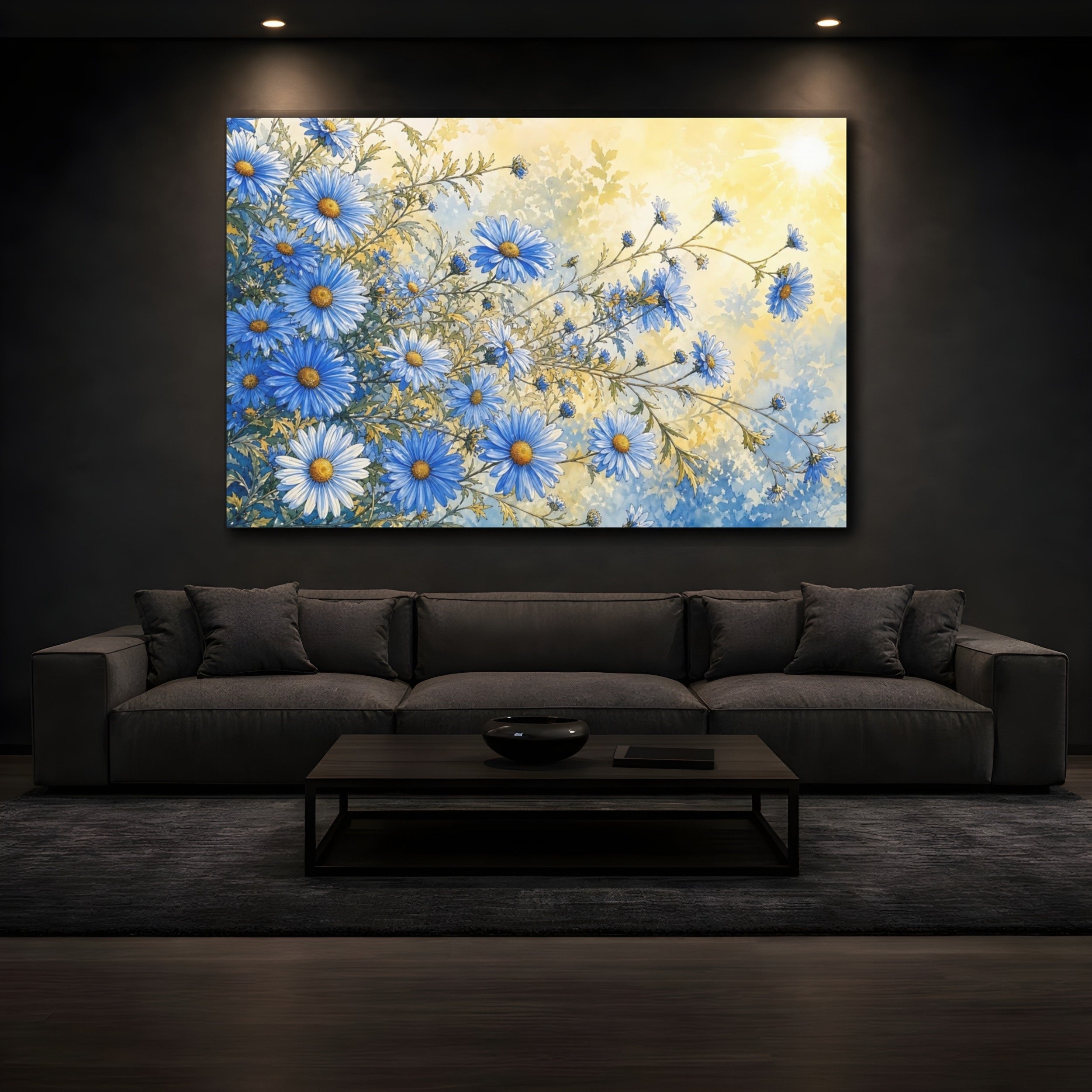 Mockup 3. Floral Blue Daisies Blue And Yellow Floral shown as stretched canvas wall art