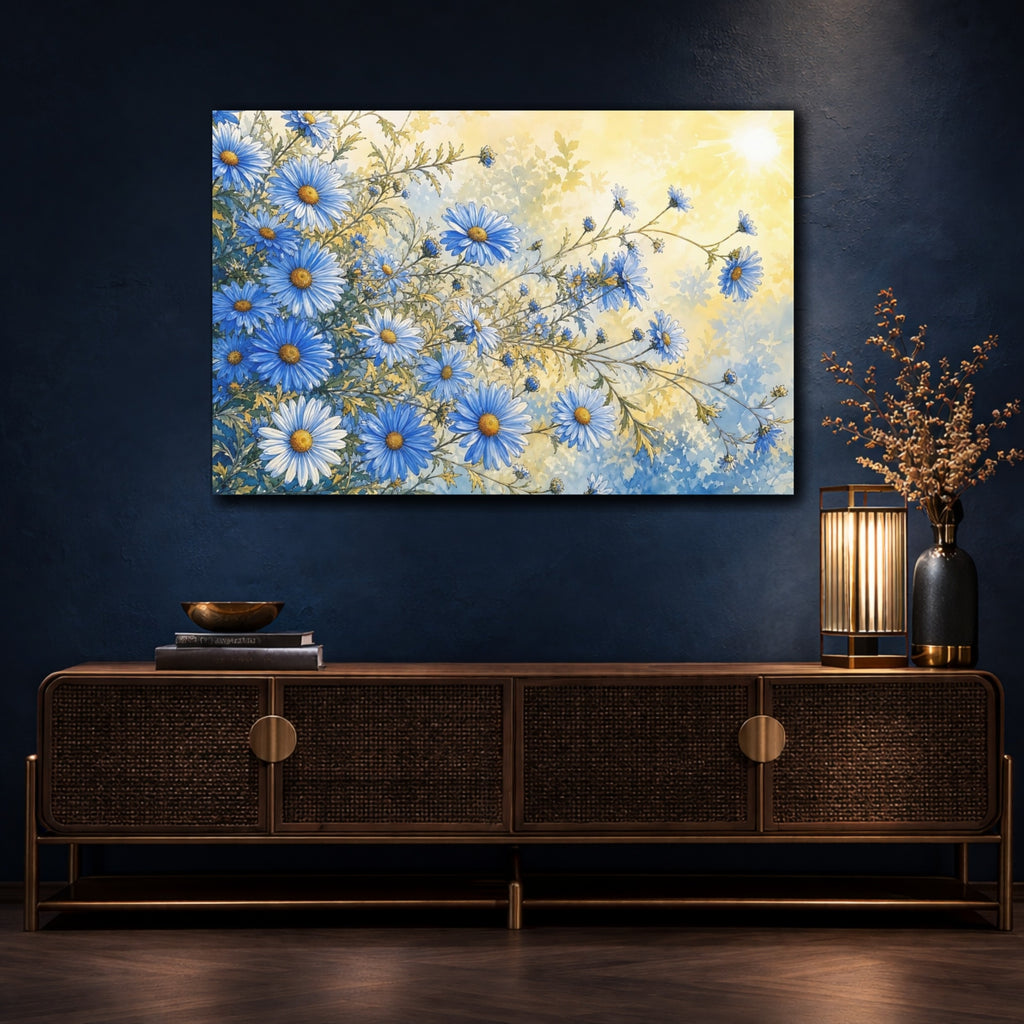 Mockup 4. Floral Blue Daisies Blue And Yellow Floral shown as stretched canvas wall art