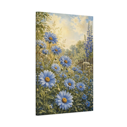 Main Mockup. Floral Blue Daisies Blue Floral Garden shown as stretched canvas wall art