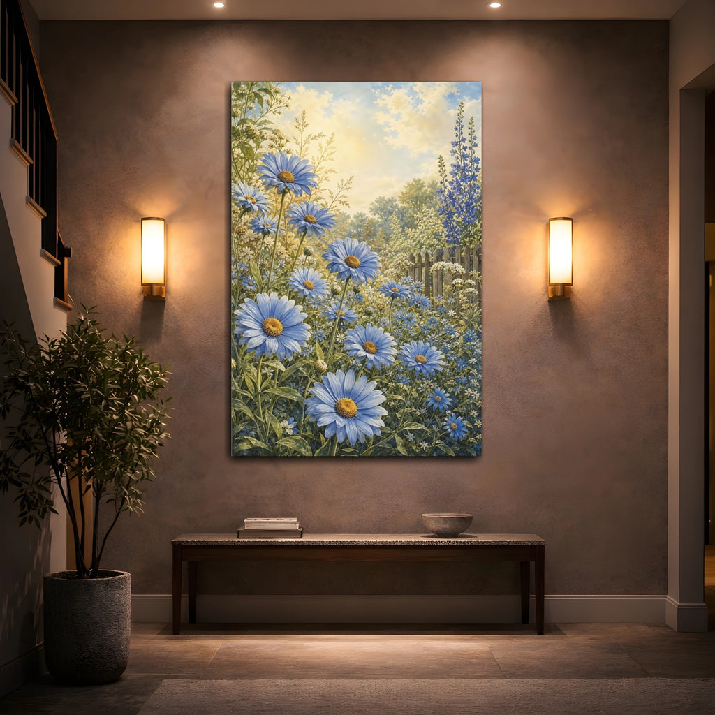 Mockup 2. Floral Blue Daisies Blue Floral Garden shown as stretched canvas wall art