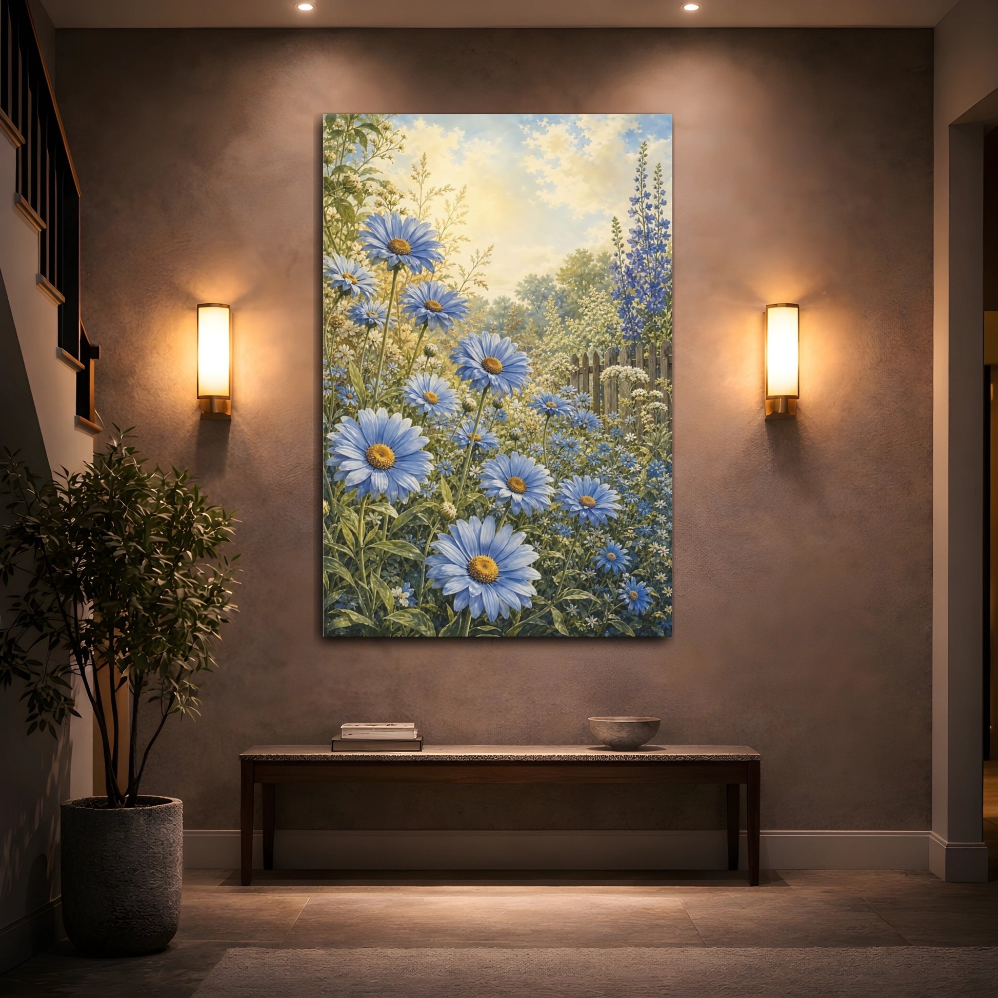 Mockup 2. Floral Blue Daisies Blue Floral Garden shown as stretched canvas wall art
