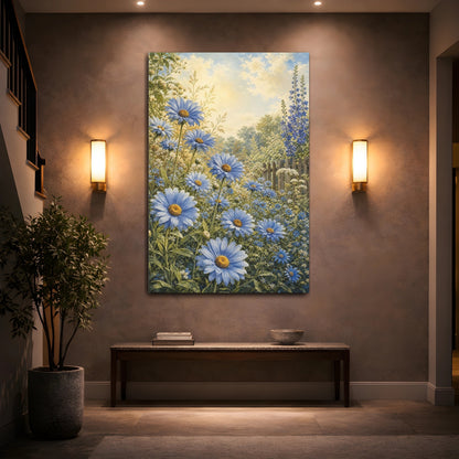 Mockup 2. Floral Blue Daisies Blue Floral Garden shown as stretched canvas wall art