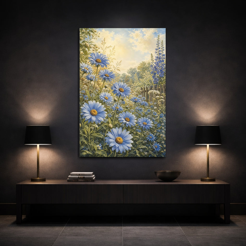 Mockup 3. Floral Blue Daisies Blue Floral Garden shown as stretched canvas wall art
