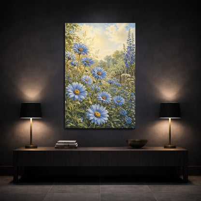 Mockup 3. Floral Blue Daisies Blue Floral Garden shown as stretched canvas wall art