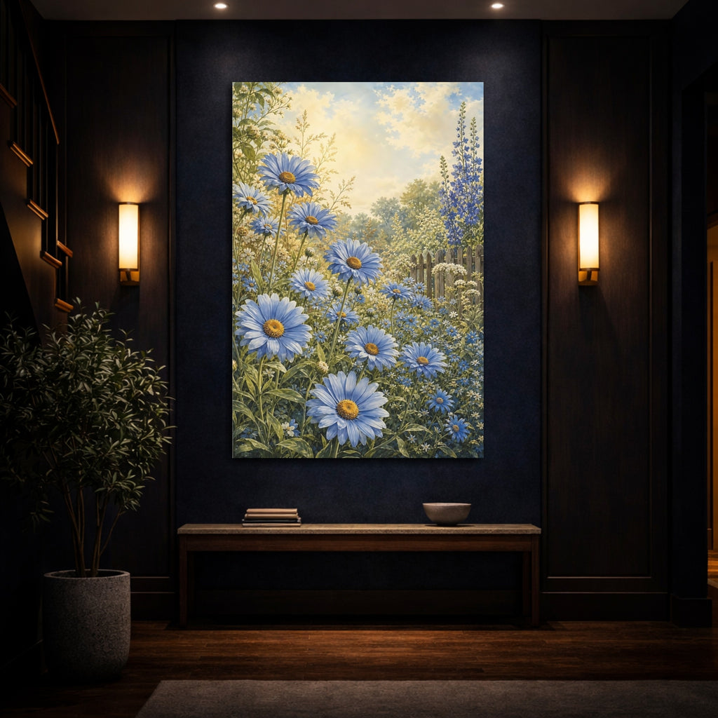 Mockup 4. Floral Blue Daisies Blue Floral Garden shown as stretched canvas wall art