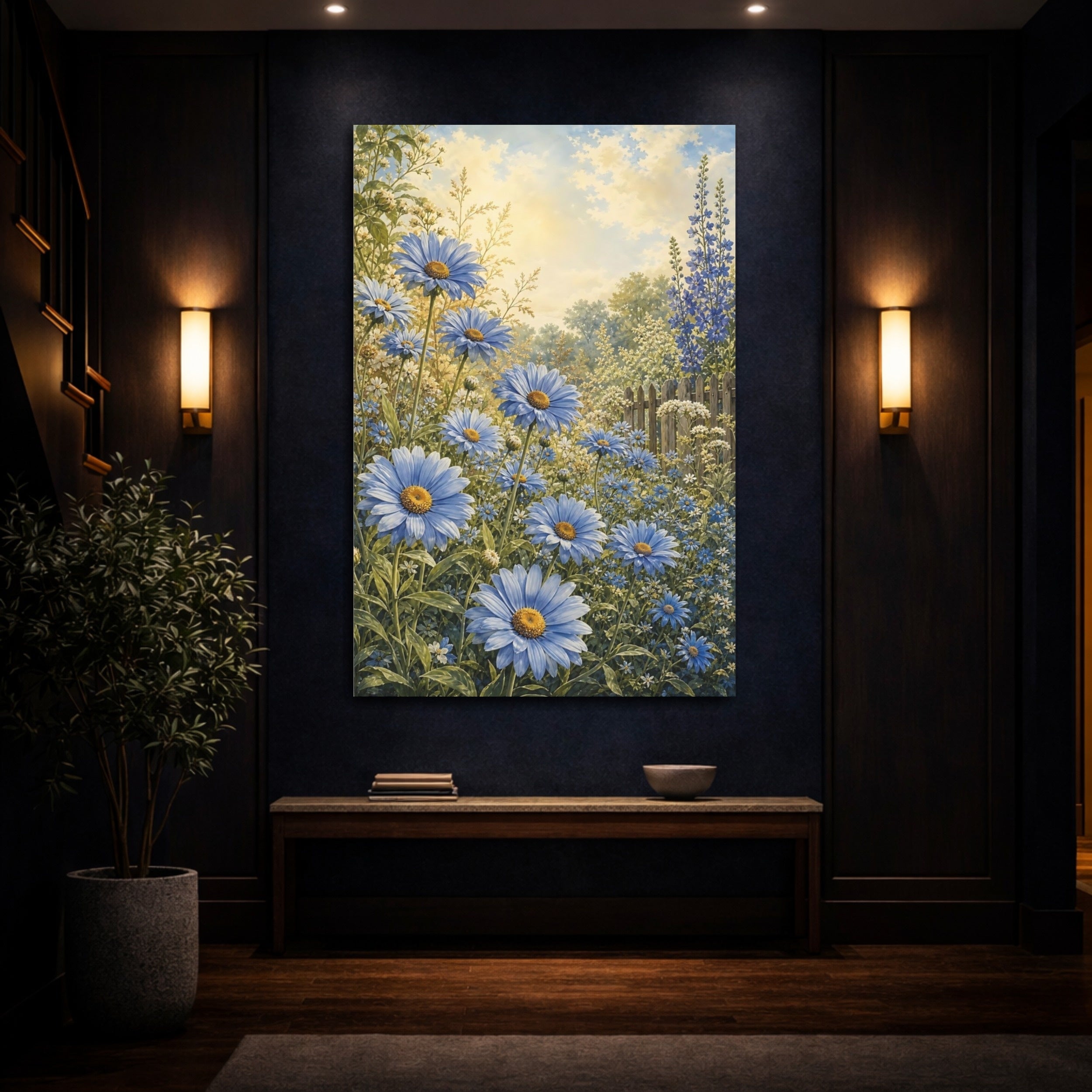 Mockup 4. Floral Blue Daisies Blue Floral Garden shown as stretched canvas wall art