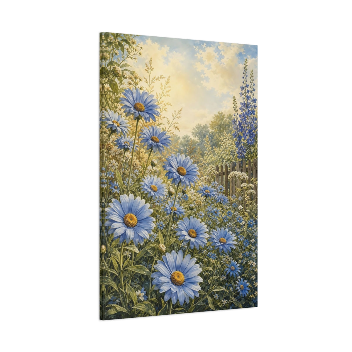 Side Mockup 1. Floral Blue Daisies Blue Floral Garden shown as stretched canvas wall art
