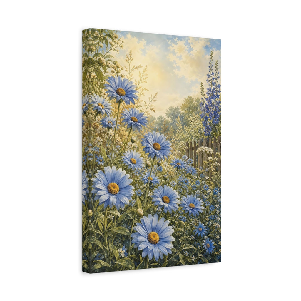 Side Mockup 4. Floral Blue Daisies Blue Floral Garden shown as stretched canvas wall art