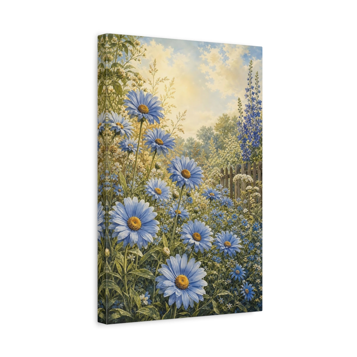 Side Mockup 4. Floral Blue Daisies Blue Floral Garden shown as stretched canvas wall art