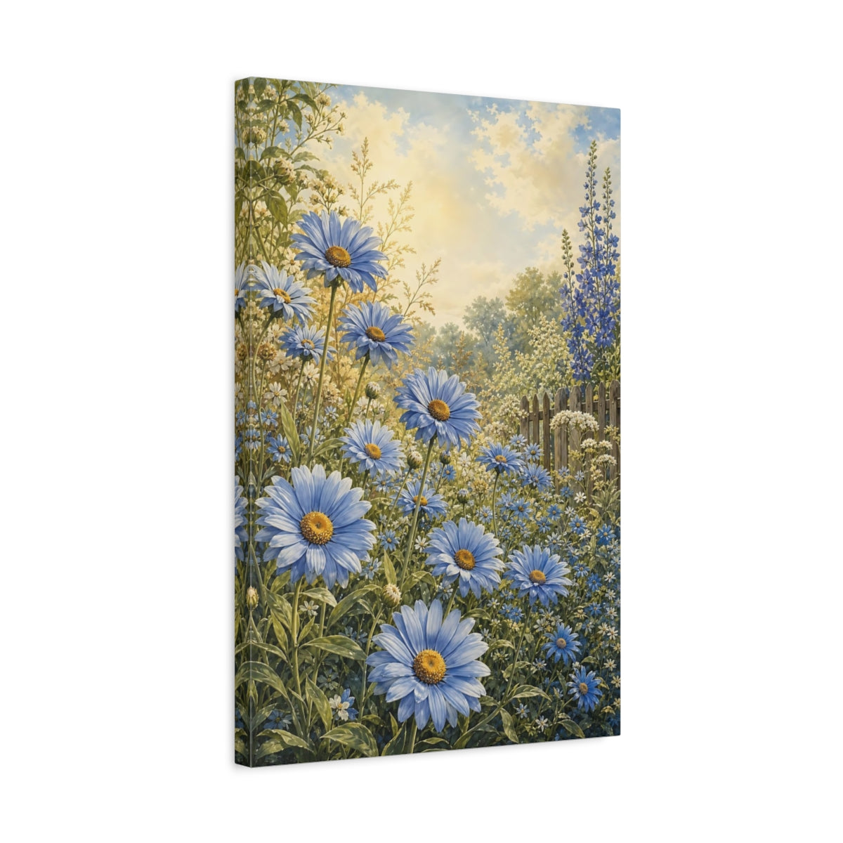 Side Mockup 3. Floral Blue Daisies Blue Floral Garden shown as stretched canvas wall art