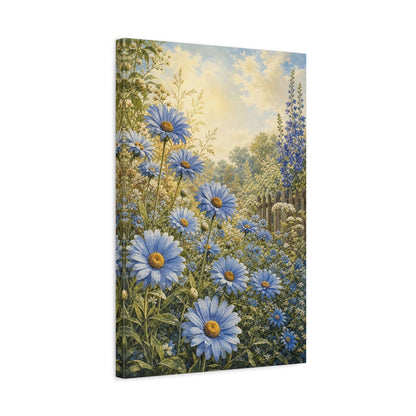 Side Mockup 3. Floral Blue Daisies Blue Floral Garden shown as stretched canvas wall art