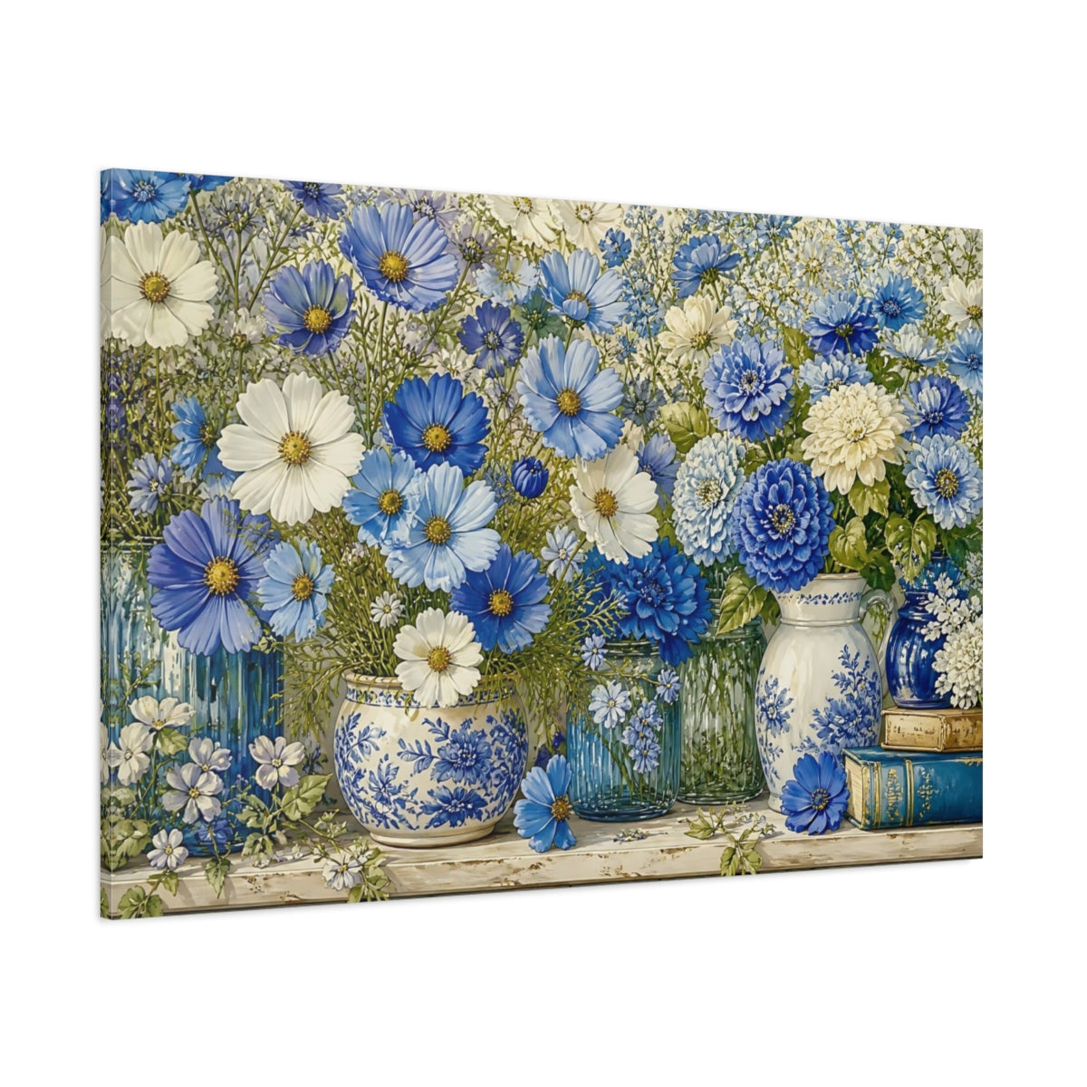 Side Mockup 1. Floral Blue Flowers Blue And White Floral shown as stretched canvas wall art