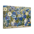 Side Mockup 4. Floral Blue Flowers Blue And White Floral shown as stretched canvas wall art
