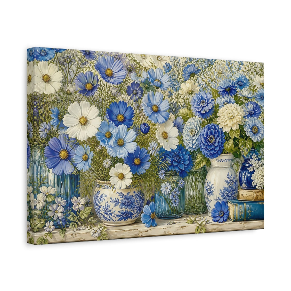 Side Mockup 4. Floral Blue Flowers Blue And White Floral shown as stretched canvas wall art