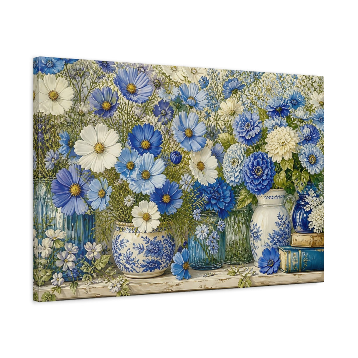 Side Mockup 2. Floral Blue Flowers Blue And White Floral shown as stretched canvas wall art