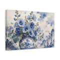Side Mockup 4. Floral Blue Flowers Blue And White shown as stretched canvas wall art