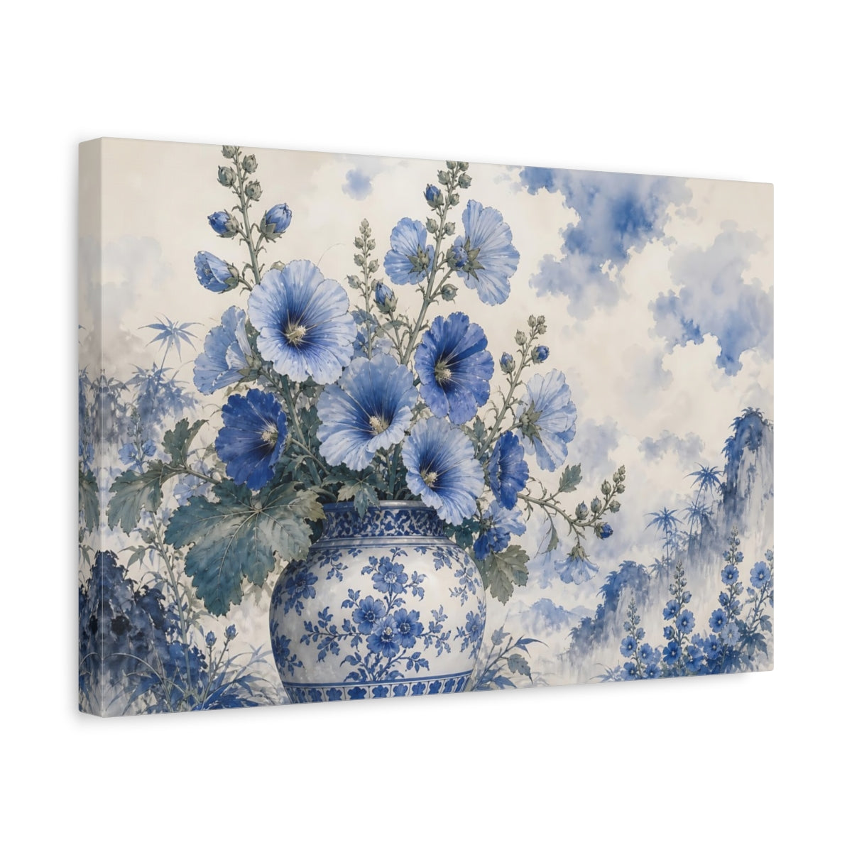 Side Mockup 4. Floral Blue Flowers Blue And White shown as stretched canvas wall art