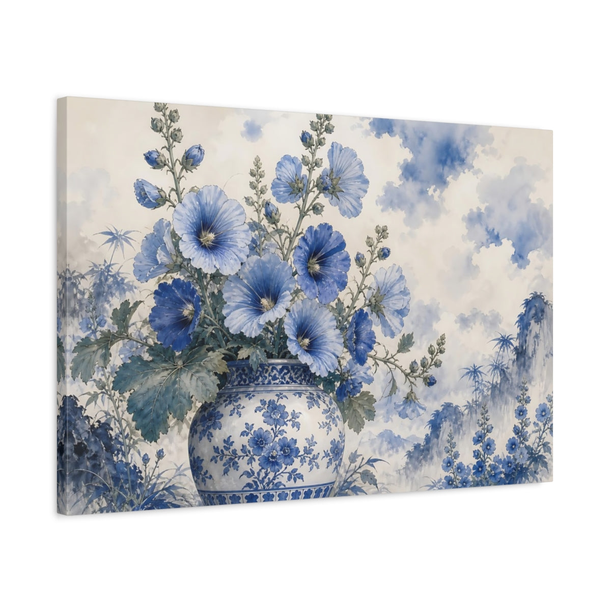 Side Mockup 2. Floral Blue Flowers Blue And White shown as stretched canvas wall art