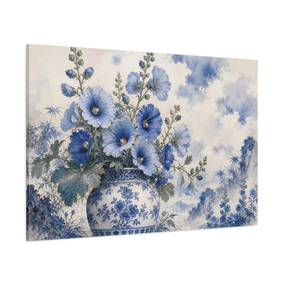 Side Mockup 1. Floral Blue Flowers Blue And White shown as stretched canvas wall art